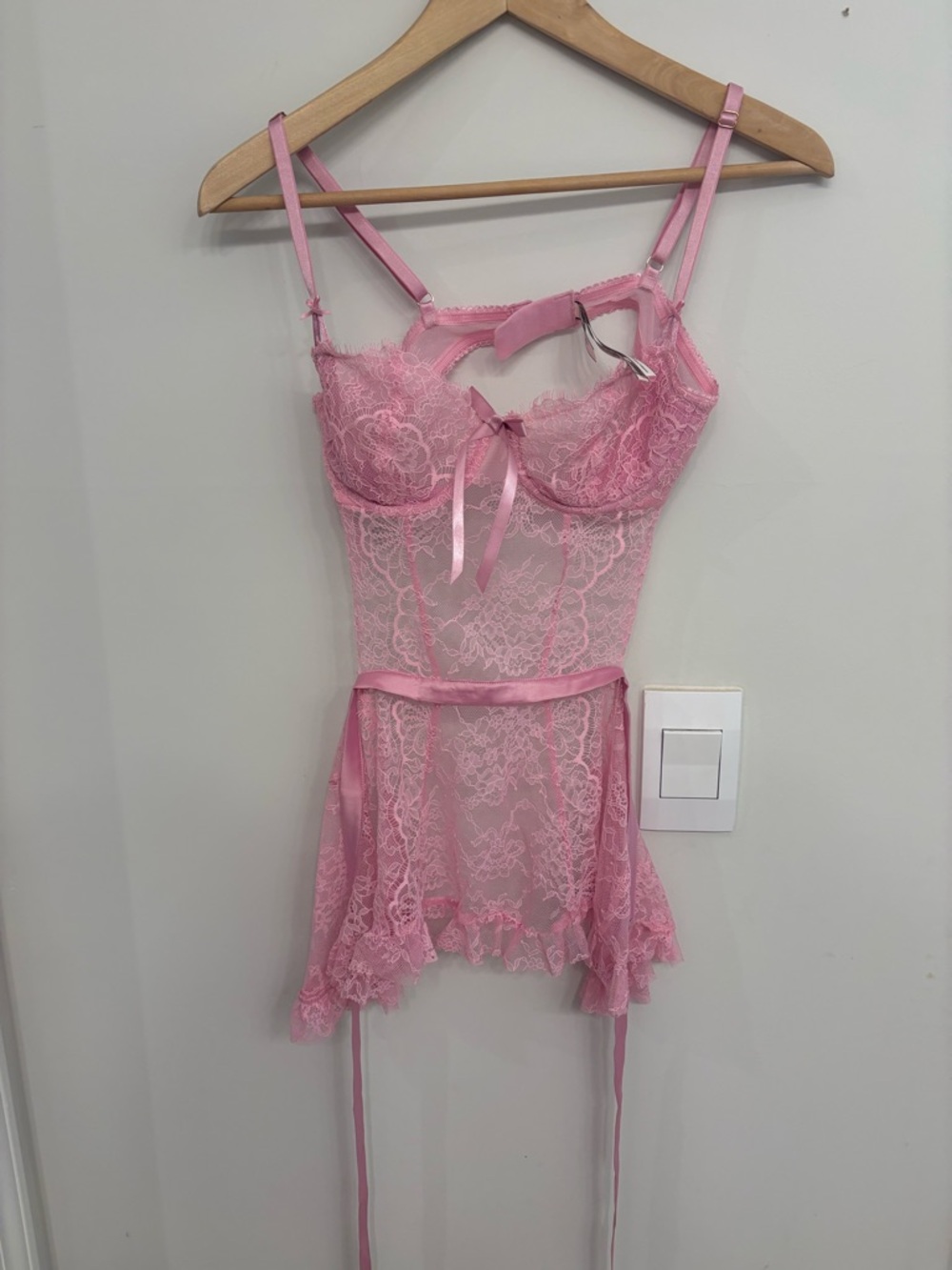 Pink Lace Babydoll Lingerie Chemise with Ribbon Accents